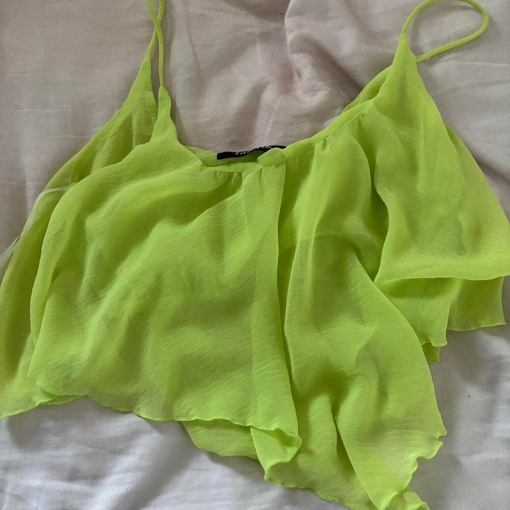 FABRIK Women's Cream Green Spaghetti Strap Medium Mesh Going Out Crop Top Blouse